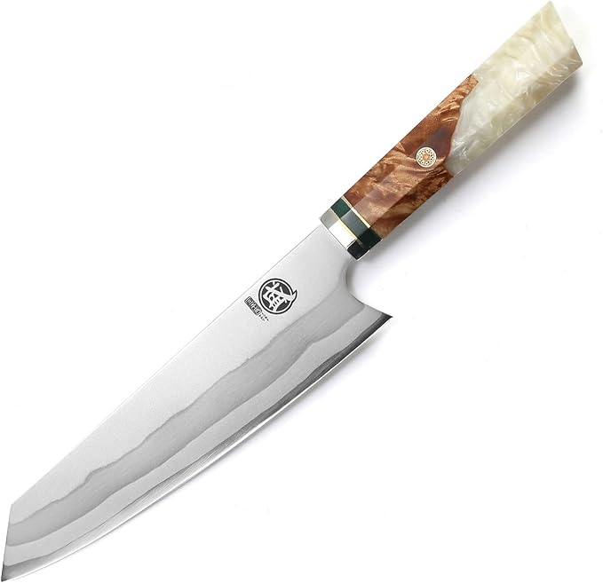 MITSUMOTO SAKARI 8-Inch Kiritsuke Chef Knife, 440C Damascus, White Handle | Angled tip and long flat edge for meat, fish and vegetables, 440C Damascus, white pomegranate handle, sandalwood box