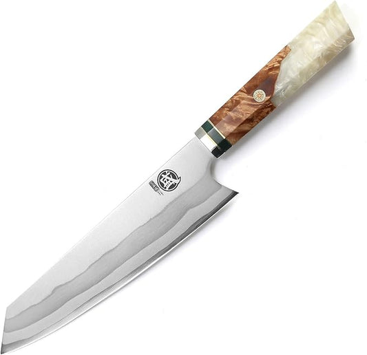 MITSUMOTO SAKARI 8-Inch Kiritsuke Chef Knife, 440C Damascus, White Handle | Angled tip and long flat edge for meat, fish and vegetables, 440C Damascus, white pomegranate handle, sandalwood box