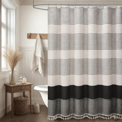 Black Boho Linen Striped Shower Curtain with Tassel 72" W X 72" L