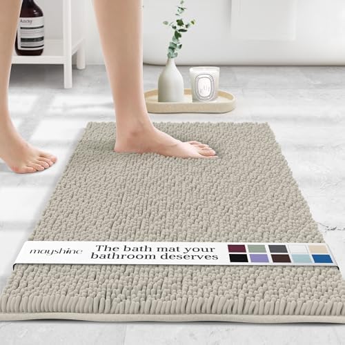 MAYSHINE Small Plush Shaggy Chenille Bath Mat 24"x17" Extra Soft, Super Absorbent, Non-Slip Bathroom Rug, Fluffy Microfiber, Area Rug Sets for Bathroom Floor, Kitchen, Living Room, Wax White