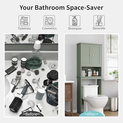 Shintenchi Over the Toilet Storage Cabinet, Bathroom Shelf Organizer with Anti-Tip Device Small Freestanding Space Saver with Adjustable Shelf，Green