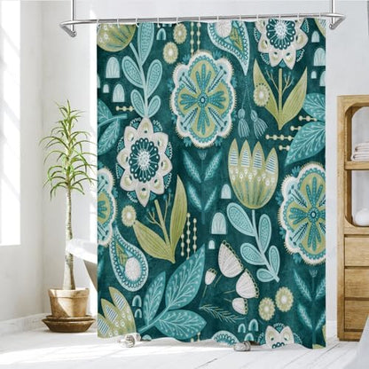 Boho Floral Shower Curtain, Deep Teal Botanical Fabric Curtain, 72 x 72