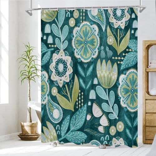 Boho Floral Shower Curtain, Deep Teal Botanical Fabric Curtain, 36 x 72