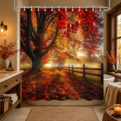 Red Maple Forest Shower Curtain, 60 x 72 Inch Waterproof Polyester Fall Landscape Bathroom Curtain, Autumn Tree Sunrise Woodland Bath Curtain for Tub Decor