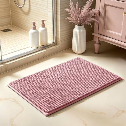 SUBRTEX Bathroom Rugs Chenille Bath Rug Soft Short Plush Bath Mat Soft Shower Mat Water Absorbent Shower Mat Quick Dry Machine Washable(Pink,18" x 24")