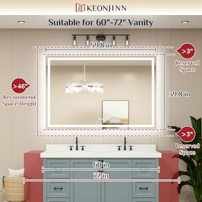 Keonjinn 60x40 Inch LED Bathroom Mirror with Lights, HD Tempered Grass