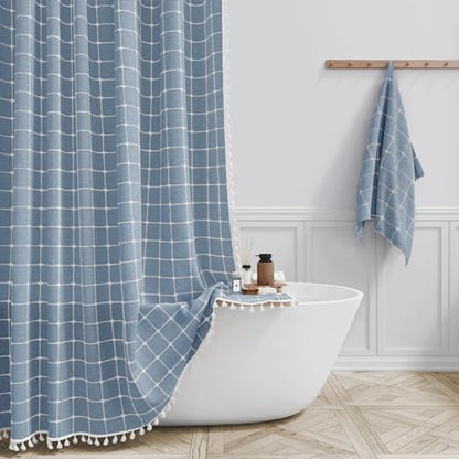 BTTN 108x72 Boho Farmhouse Linen Heavy Duty Fabric Shower Curtain Set, Blue