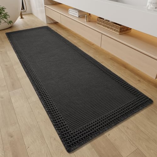 RESARE Waffle Bathroom Runner Rugs, Non Slip Boho Bath Mat 24"x72" Black