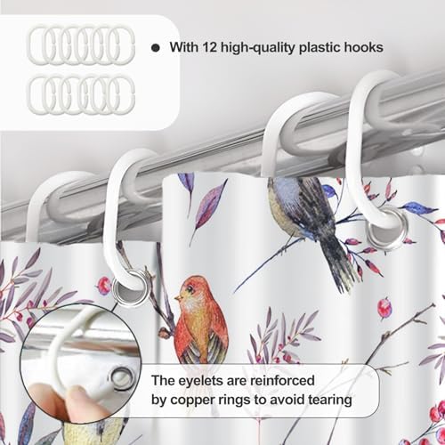 AWERT Cheery Birds on Tree Branch Shower Curtain for Bathroom Bird Shower Curtain with Hooks Colorful Waterproof Fabric Bathroom Accessories Bathtub Decor 72x84inch