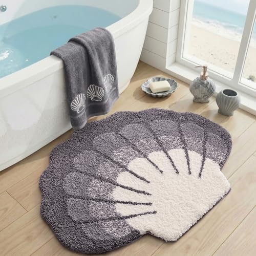 DEXI Cute Seashell Bath Mat, Coastal Scallop Bathroom Rug, 38x30 Grey