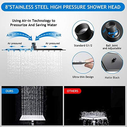 Shower Head Combo, 8 Inch High Pressure Rain with 11 Inch Adjustable Extension Arm and 5 Settings Handheld, Powerful Spray Against Low Water Pressure- Matte Black