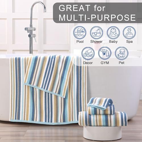 VOOVA & MOVAS Striped Towels 6 Pack, 100% Cotton, Blue Gray Beige