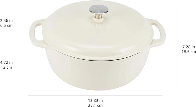 Amazon Basics Enameled Cast Iron Dutch Oven Pot with Lid, Round, Dual Handles, Heavy-Duty, Oven Safe for Stews, Roasting, Baking, 6-Quart, White
