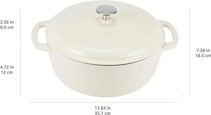 Amazon Basics Enameled Cast Iron Dutch Oven Pot with Lid, Round, Dual Handles, Heavy-Duty, Oven Safe for Stews, Roasting, Baking, 6-Quart, White