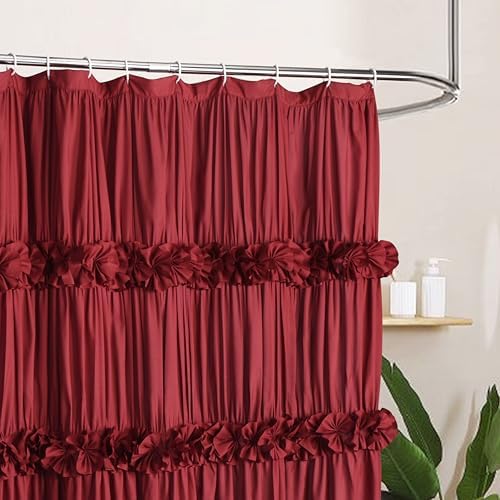 Homechoice Decor Burgundy Ruffle Shower Curtain, Vintage Handcrafted Bow Tie Bath Curtain for Master Bathroom, Ruched Microfiber Bathroom Curtain with 12 Buttonholes, 72" W x 72" H (LQ-10)