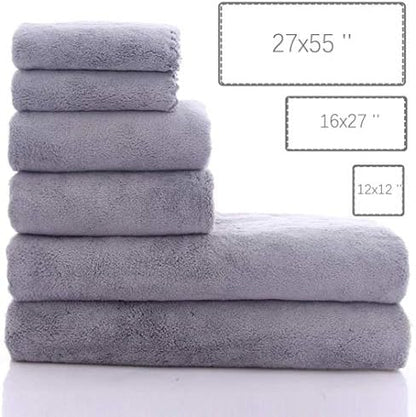 MOONQUEEN Ultra Soft Towel Set - Quick Drying - 2 Bath Towels 2 Hand Towels 2 Washcloths - Microfiber Coral Velvet Highly Absorbent Towel for Fitness, Bathroom, Sports, Yoga, Travel-Grey 6 Pcs