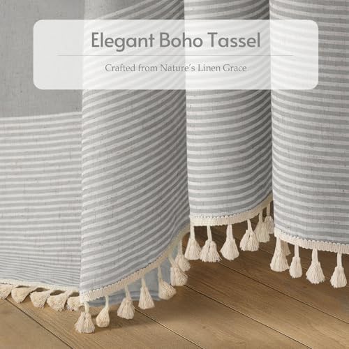 Grey Farmhouse Linen Striped Shower Curtain with Tassel 48"W X 72"L