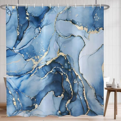 Blue Marble Shower Curtain, Modern Abstract Luxury Blue Gold Ink Texture Watercolor Art Bathroom Curtains Ombre Machine Washable Waterproof Fabric Bathtub Curtain Set with Hooks 66" Wx72 L