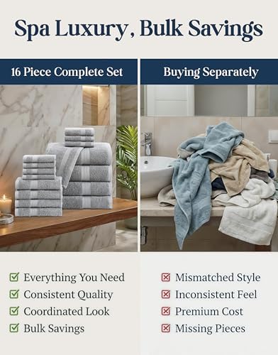 LANE LINEN Towel Set Soft Absorbent Quick Dry 100% Cotton 16 Piece - Grey