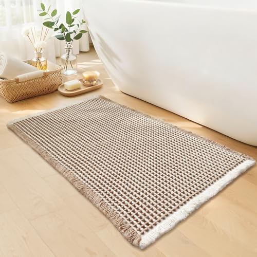 Waffle Bath Mat, Boho Bathroom Rugs Non Slip Washable, 24" x 36"