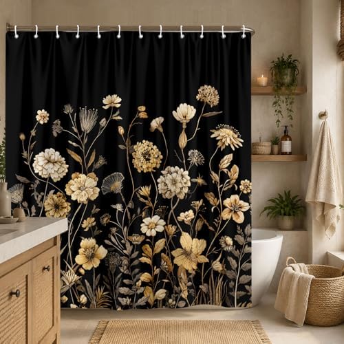 Vintage Boho Black Gold Floral Shower Curtain, Rustic Farmhouse Flower Shower Curtain Set, Cute Botanical Wlidflowers Fabric Shower Curtains Decoration, 72X72 Aesthetic Bathroom Accessories