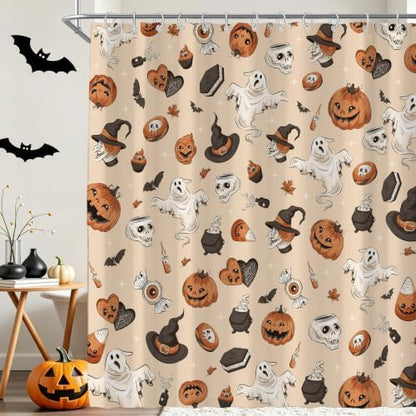Halloween Cute Skull Ghost Shower Curtain for Bathroom 72W*72H Inch Gothic Witch Scary Magic Horror Pumpkin Bathtub Alchemy Witchcraft Decor Waterproof Polyester Fabric Set with 12 Hooks