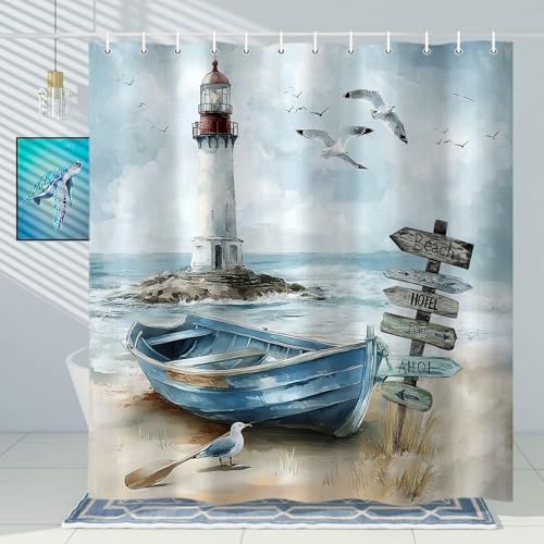 Nautical Coastal Shower Curtain, Ocean Beach Lighthouse Shower Curtain, Blue Teal Seasides Sailboat Bathroom Accessories Fabric Waterproof with Hooks,60X70in