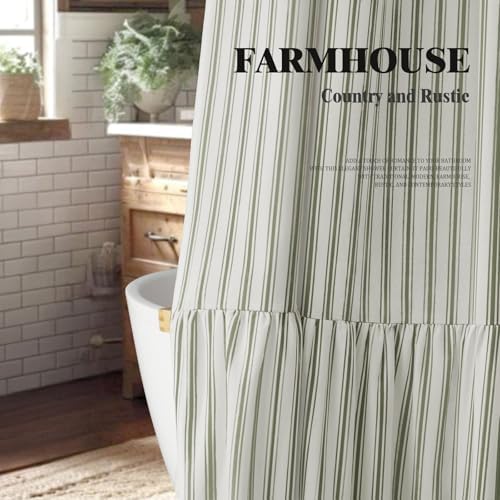Farmhouse Shower Curtain Ruffle Linen White-Green Stripe 72"W x 72"L