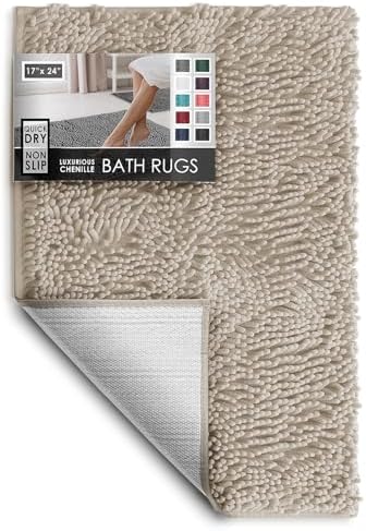 Hearth & Harbor Bathroom Rugs, Chenille Bath Mat - Machine Washable Bath Mats for Bathroom Non-Slip Backing Rubber, Quick Dry Bathroom Mat