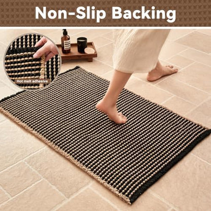 Triohero Waffle Bath Mat, Boho Bathroom Rugs Non Slip, 24x48 Black & Khaki