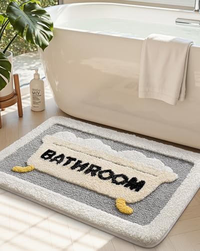 DEXI Bathroom Rugs Non Slip Washable, 32x20 Cute Bath Mat, Gray and Beige