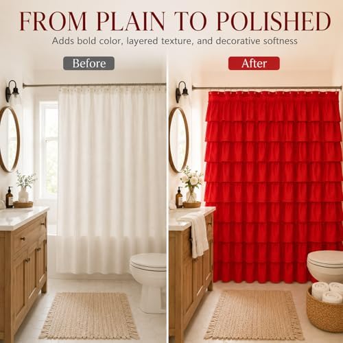 Red Ruffle Shower Curtain for Bathroom, 72x72, Cottagecore Rural Farmhouse