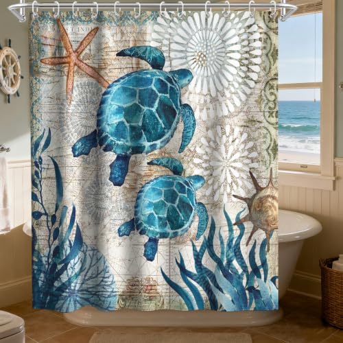Ocean Nautical Beach Shower Curtain, Rustic Luxury Coastal Sea Turtles Shower Curtains for Bathroom, Waterproof Bath Curtain with Hooks Machine Washable Bathtub Curtains 72x84 Inch Blue Teal