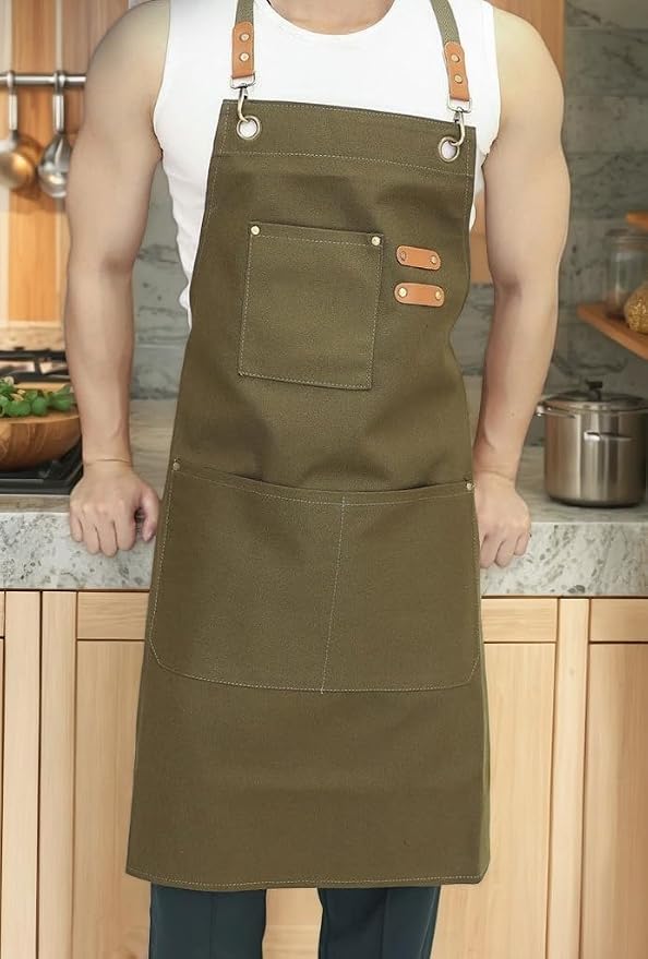 EUDOLAH Chef Aprons for Women Men with Large Pockets Cooking Aprons Canvas Cross Back Water Repellent Work Apron