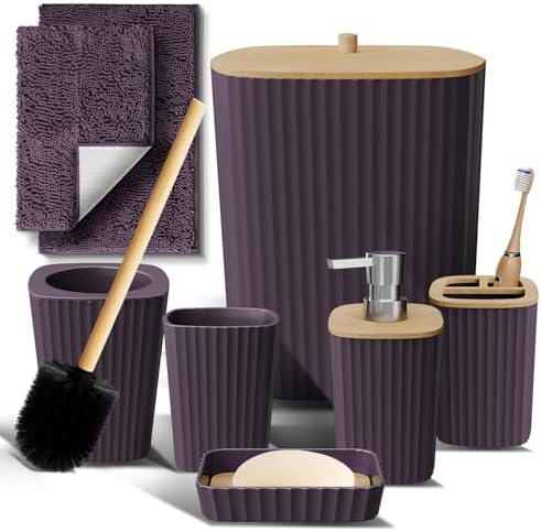 Clara Clark Bathroom Set - Purple Bathroom Accessories Set, 6PC Bathroom Accessory Set, Bathroom Sets with Bathroom Rugs, Toilet Brush, Trash Can & Soap Dispenser