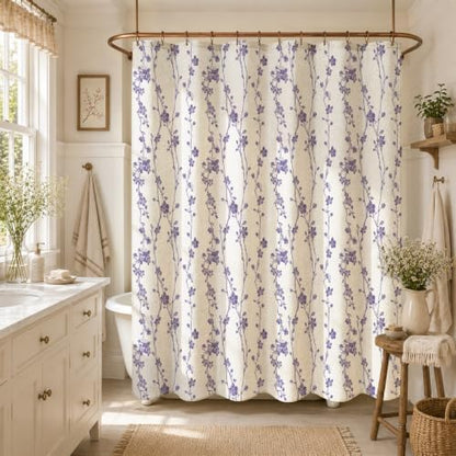 Gibelle Purple Farmhouse Linen Shower Curtain, Boho Floral Fabric, 72 x 84