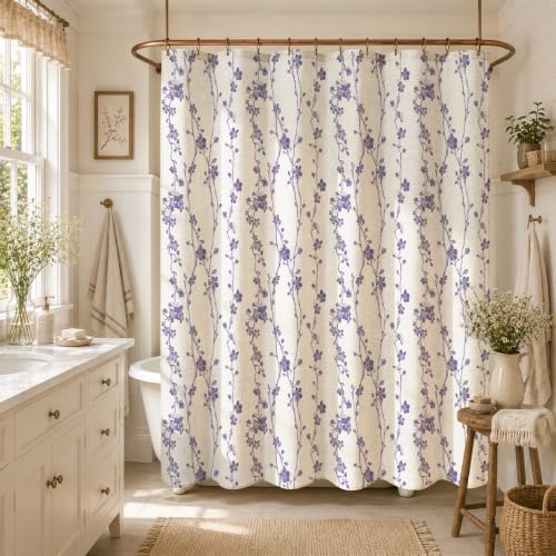 Gibelle Purple Farmhouse Linen Shower Curtain, Boho Floral Fabric, 72 x 78