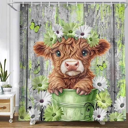 Farmhouse Flower Floral Shower Curtain, Rustic Funny Highland Cow Daisy Shower Curtain Set, Country Wild Garden Plant Fabric, Brown Wooden Board Bathroom Accessories Curtains with Hooks 70X70in