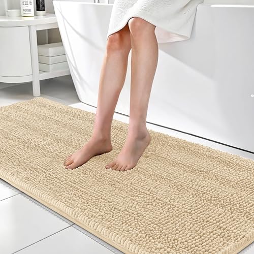 OLANLY Thick Bathroom Runner Rugs 70x24, Chenille Long Bath Rugs, Beige