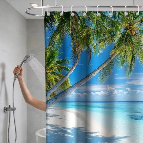 Beach Modern Ocean Shower Curtain Coastal Summer Tropical Palm Tree Trendy