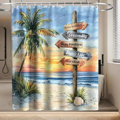 Beach Ocean Luxury Shower Curtain Aesthetic Palm Tree Funky Art Scenic