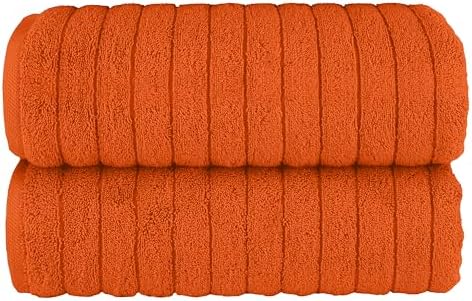 Elegant Comfort 100% Turkish Cotton Corduroy Ribbed Luxury Soft 2 Pack Bath Towels 27 x 54 Inch - Ultra Plush, Absorbent, Quick Dry, Hotel Spa Quality Towels for Bathroom Essentials, Orange