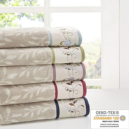 Madison Park Serene 100% Cotton Bath Towel Set Luxurious Floral Decorative Towels for Bathroom Embroidered Cotton Jacquard Design Soft Highly Absorbent for Shower 600 GSM, Multi-Sizes, Red 6 Piece