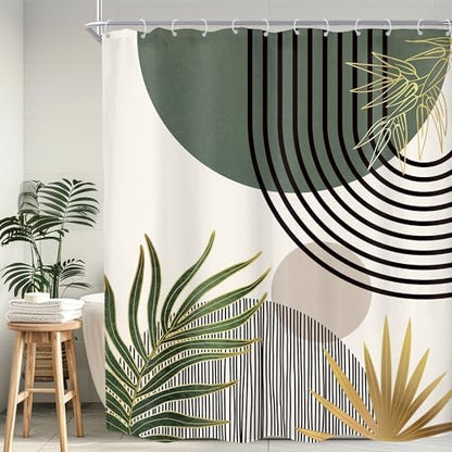 Mid Century Dark Green Boho Abstract Modern Bathroom Shower Curtain Set