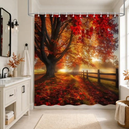 Red Maple Forest Shower Curtain, 72 x 84 Inch Waterproof Polyester Fall Landscape Bathroom Curtain, Autumn Tree Sunrise Woodland Bath Curtain for Tub Decor