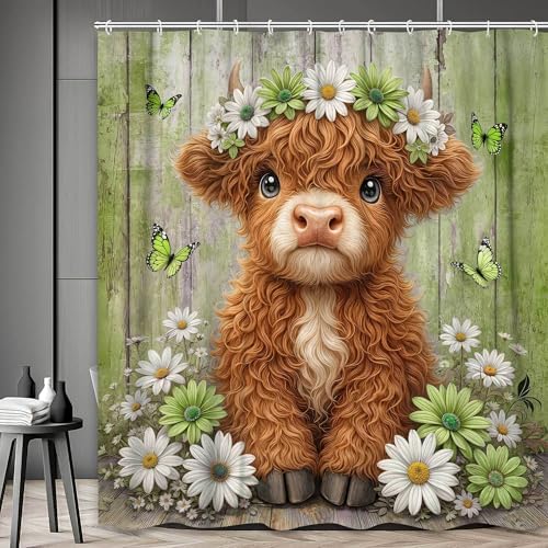 Cute Cow Shower Curtain, Farmhouse Rustic Floral Daisy Highland Cow Shower Curtains for Bathroom, Calf Country Farm Animal Garden Plant Fabric Bathroom Decor with Hooks, 54x72 inch