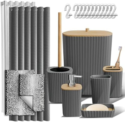 Clara Clark Bathroom Accessories Set - Bathroom Set, Bathroom Sets with Shower Curtain and Rugs, Shower Curtain Set with Bathroom Trash Can - Ombre Grey - 22PC