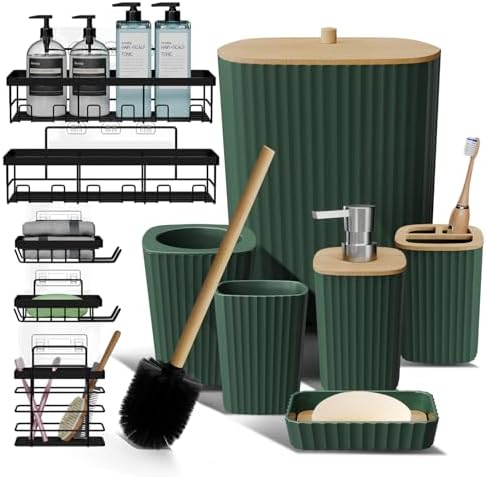 Clara Clark Bathroom Set - Hunter Green Bathroom Accessories Set, 6PC Bathroom Accessory Set, Bathroom Sets with Adhesive Corner Shower Caddy Hanging, Toilet Brush, Trash Can & Soap Dispenser