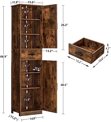 TEENFON Tall Bathroom Cabinet, Storage Cabinet with 6 Shelves & Drawer