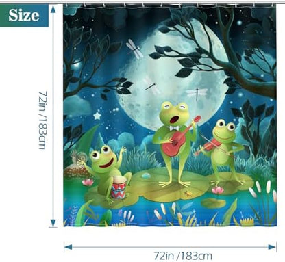 Aimego Funny Frog Shower Curtain - Cute Cartoon Frogs Dragonfly Lotus Leaf Floral Pond Wildflower Moon Fun Bath Shower Curtain Set with 12 Hooks for Kids Adults Bathroom Decor Accessories,72"x72"